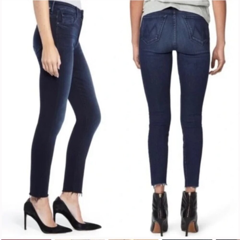 MOTHER Looker High Waist Ankle Fray Stretch Slim Jeans Dark Denim Pockets Zip 28